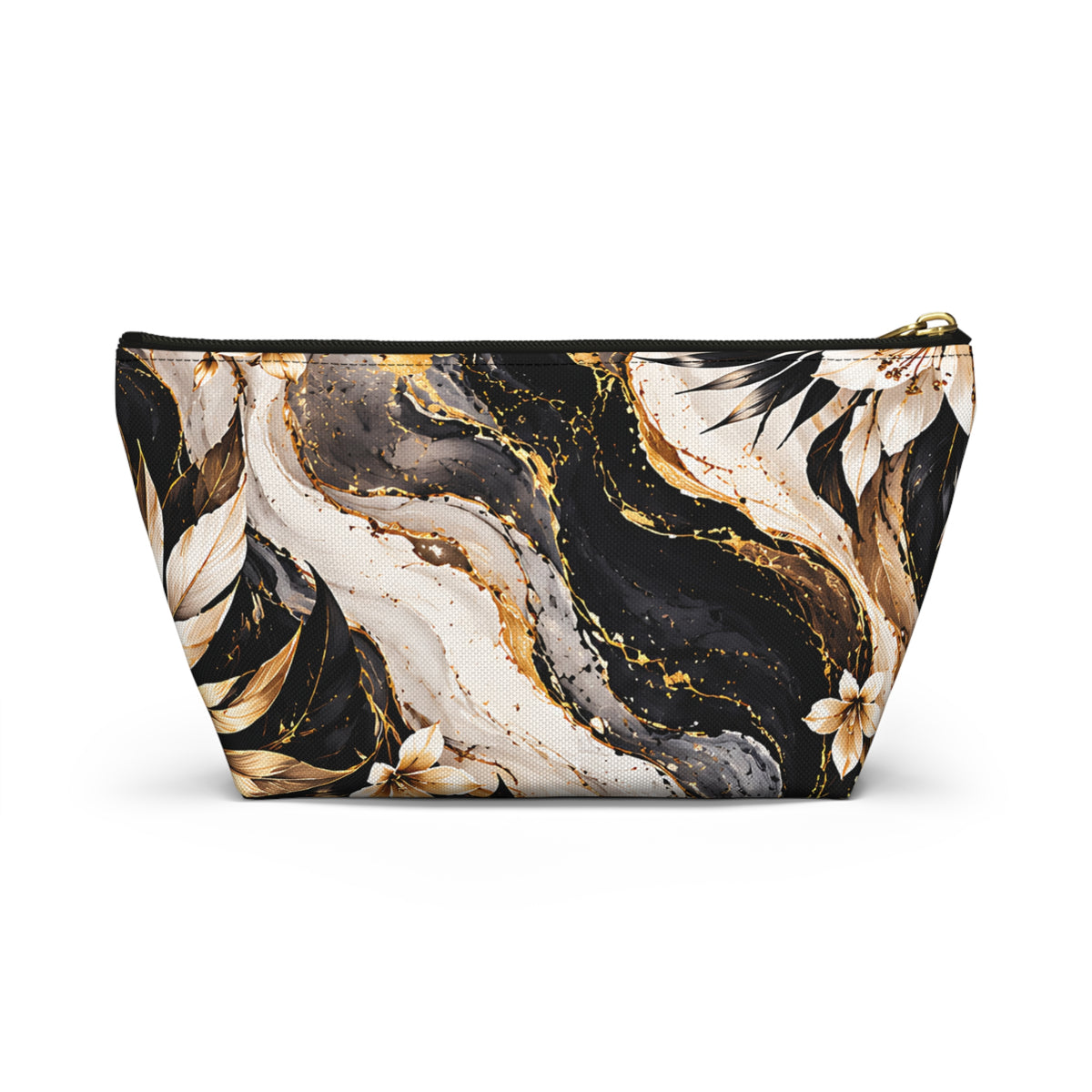 Black & Gold Floral Pouch – Luxury Marble Botanical Print
