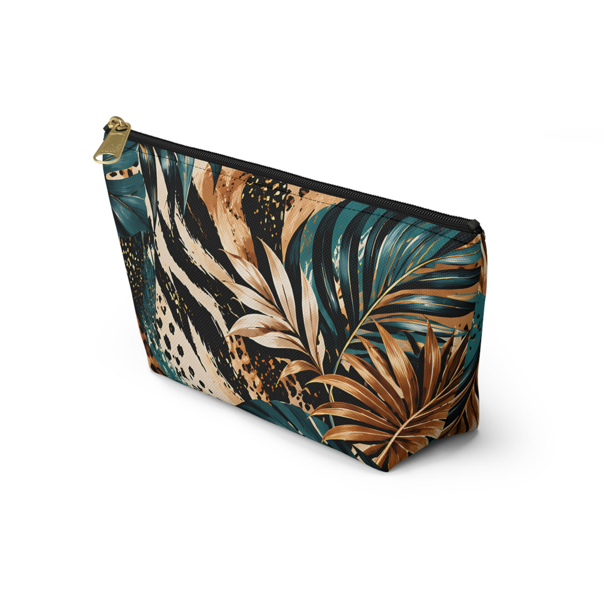 Tropical Botanical Pouch – Teal & Gold Leaf Print
