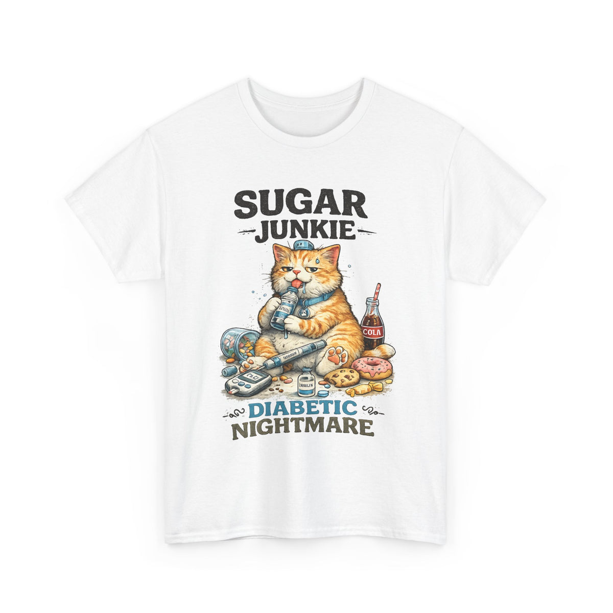 “Sugar Junkie – Diabetic Nightmare” T-Shirt – Funny Cat Graphic Tee