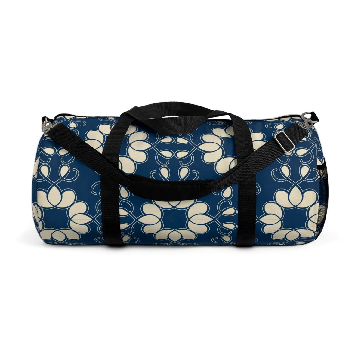 Retro Floral Duffel Bag – Navy Blue & Cream Flower Design