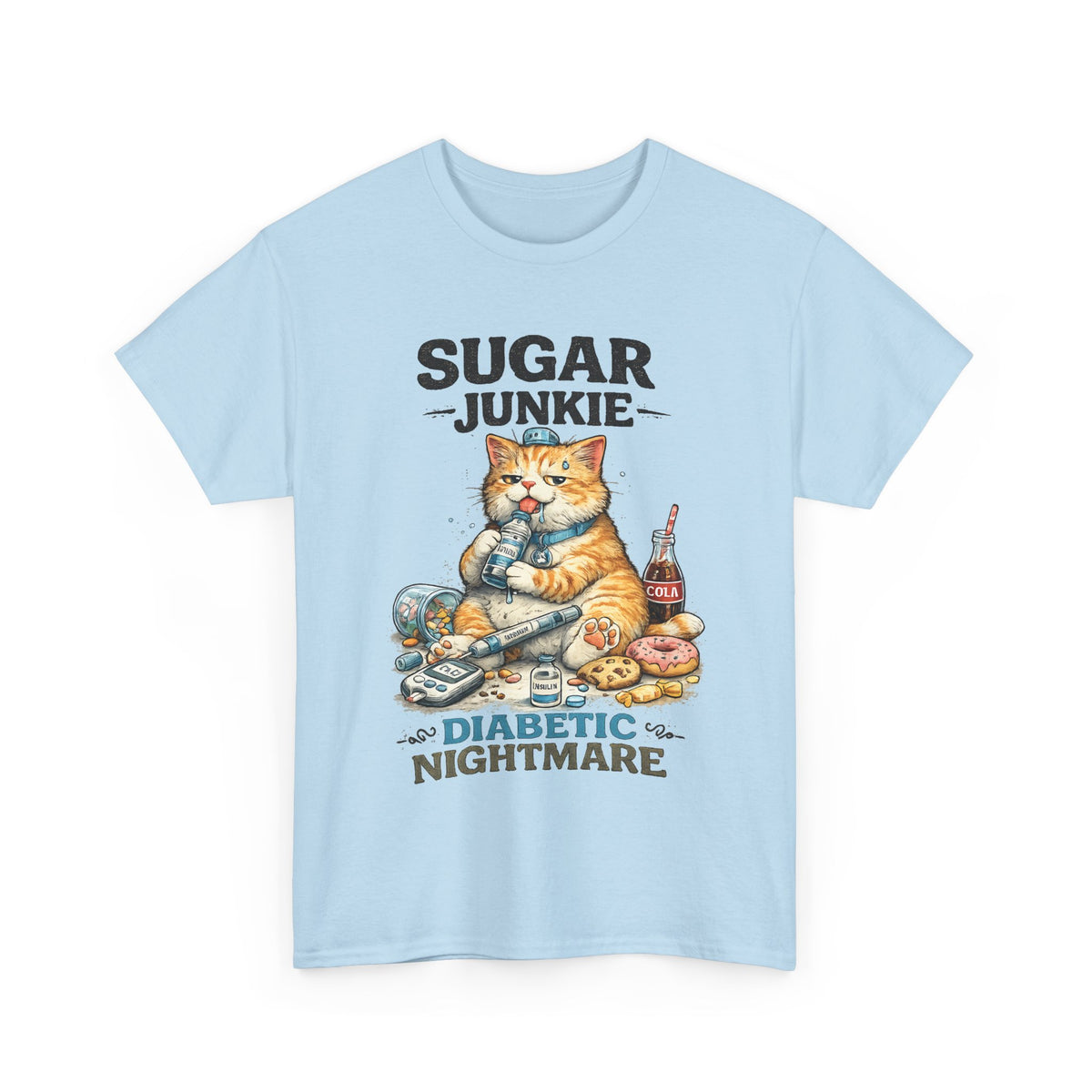 “Sugar Junkie – Diabetic Nightmare” T-Shirt – Funny Cat Graphic Tee