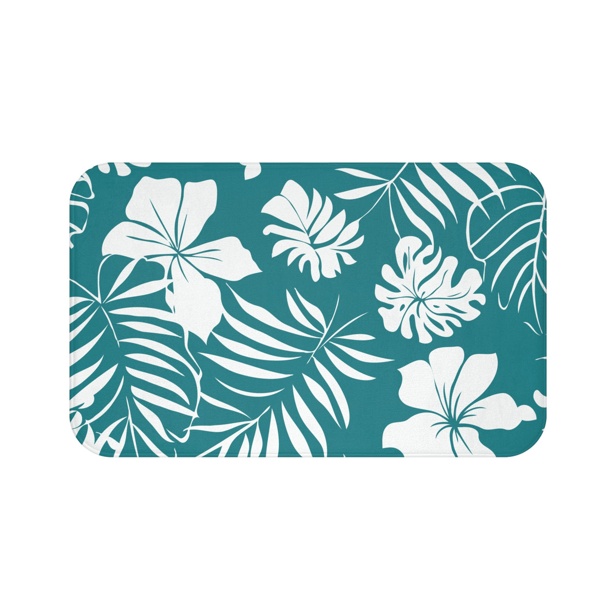 Tropical Floral Bath Mat – Teal Botanical Bathroom Decor