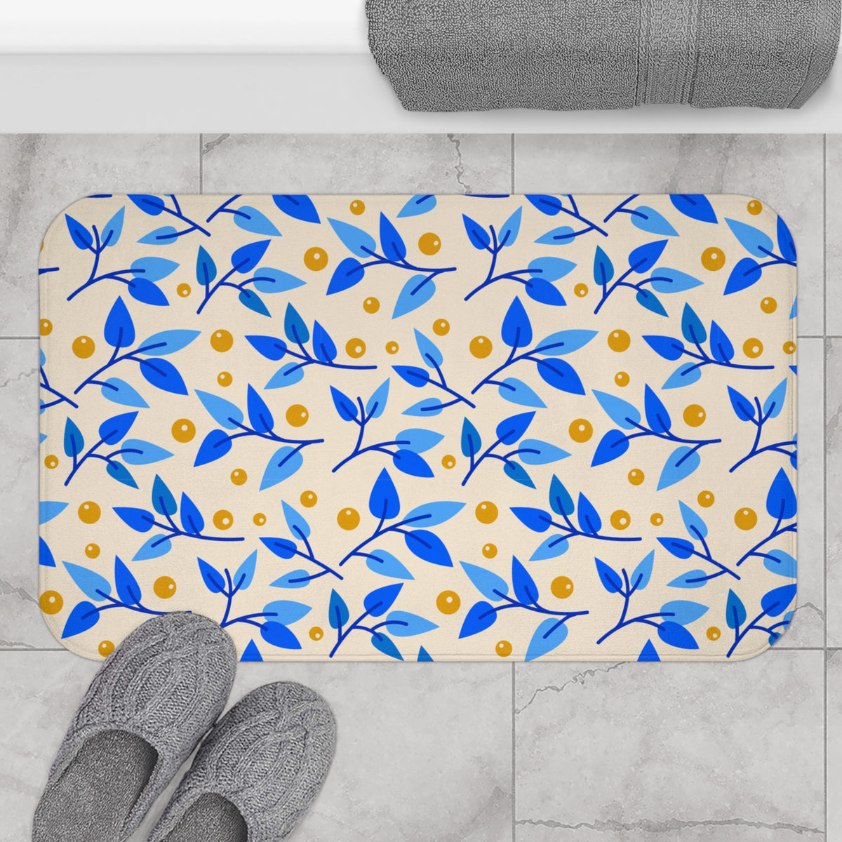 Blue Citrus Leaf Bath Mat – Blue & Yellow Botanical Bathroom Decor