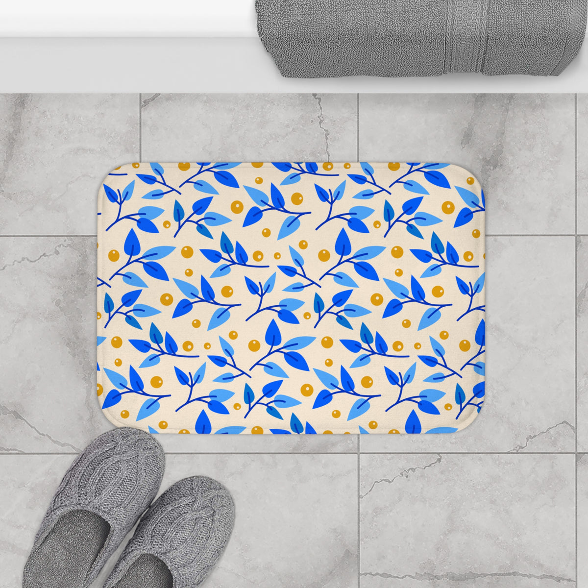 Blue Citrus Leaf Bath Mat – Blue & Yellow Botanical Bathroom Decor