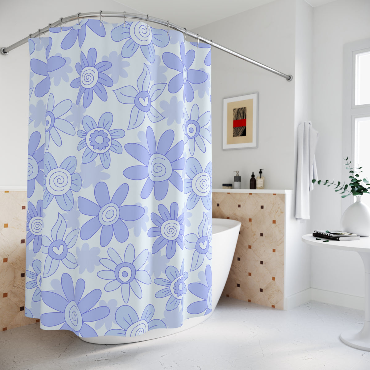 Blue Floral Shower Curtain | Retro Daisy Bathroom Decor | Soft Pastel Modern Bath Curtain
