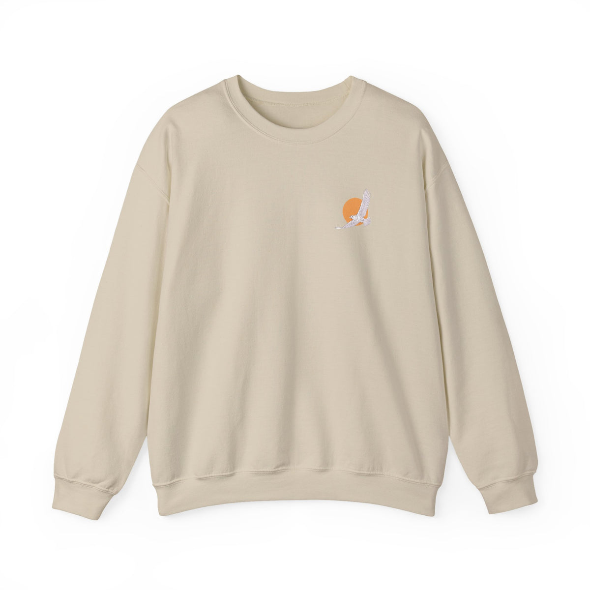 Minimal Sunrise Crewneck Sweatshirt  Small Sun & Feather Chest Graphic