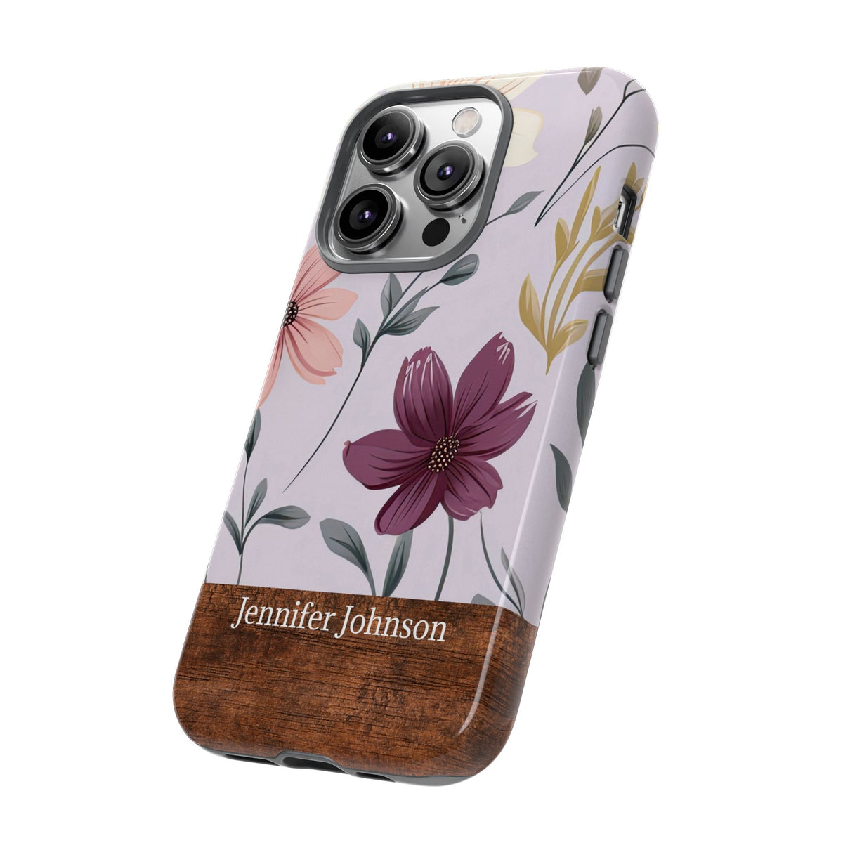 Personalized Floral Phone Case with Name – Wood Accent Tough Case