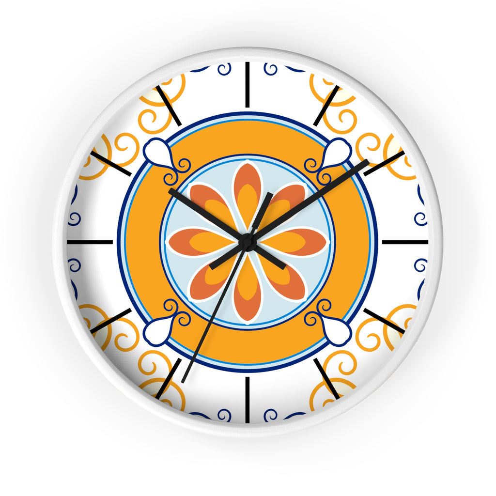 Mediterranean Tile Mandala Wall Clock | Orange Blue Floral Pattern