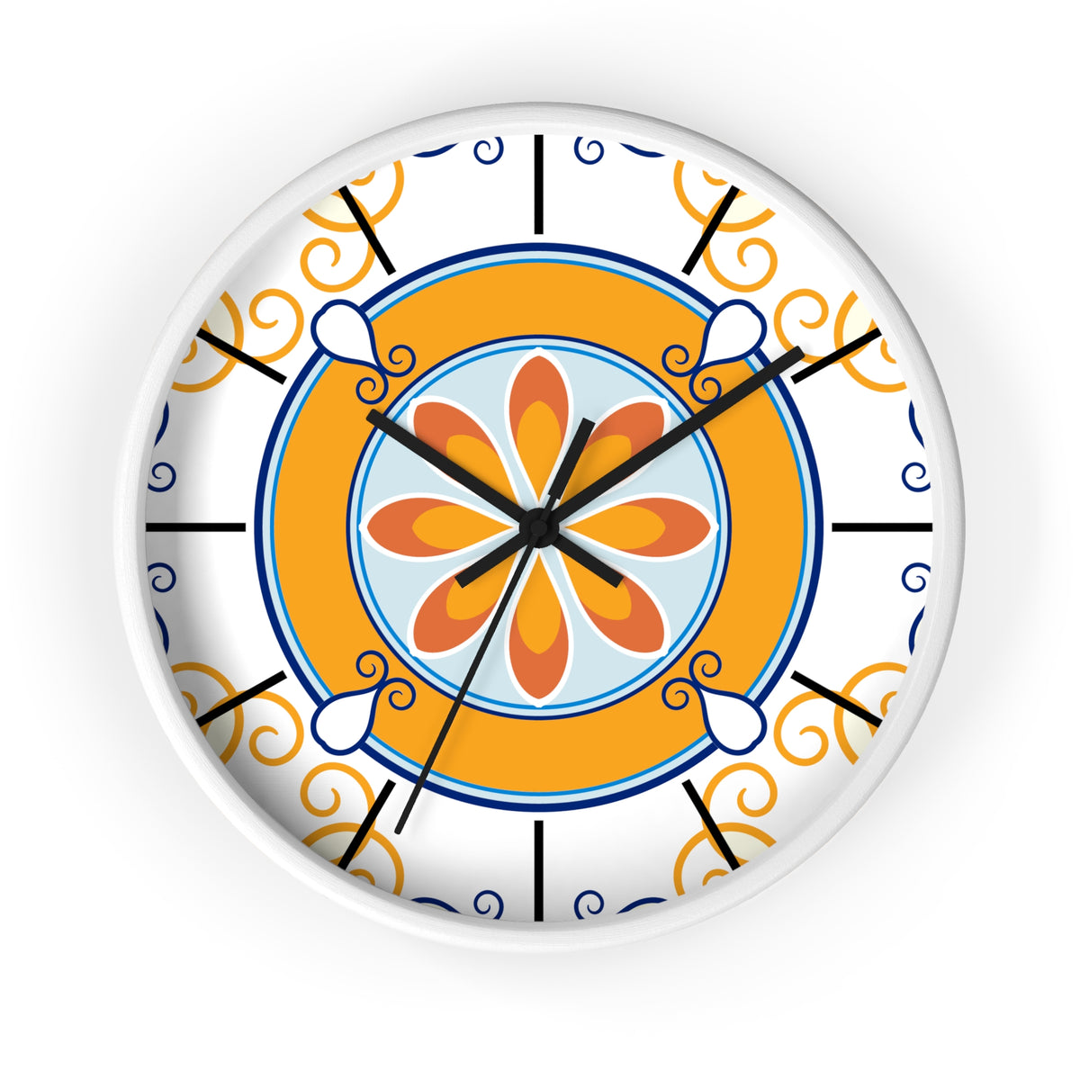 Mediterranean Tile Mandala Wall Clock | Orange Blue Floral Pattern
