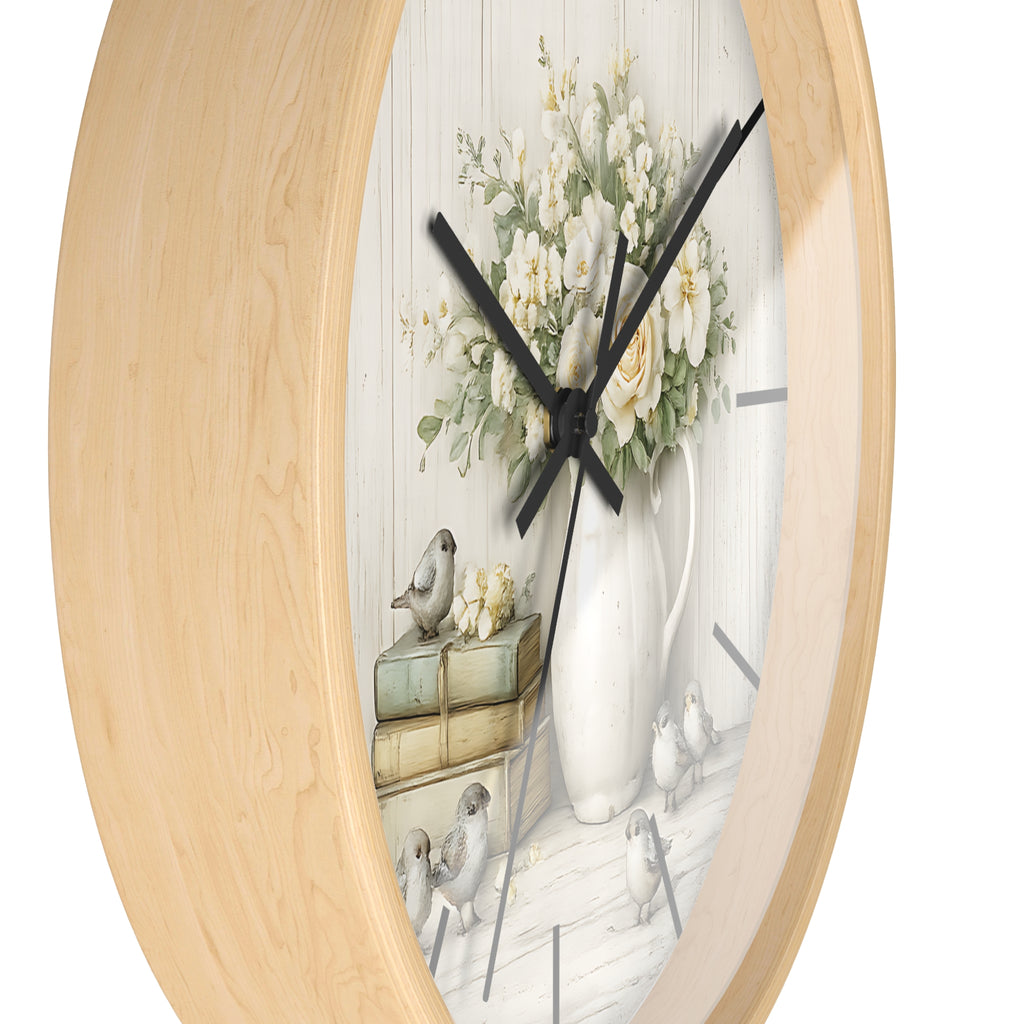 Vintage Floral Pitcher with Birds Wall Clock | Rustic Cottage Shabby Chic