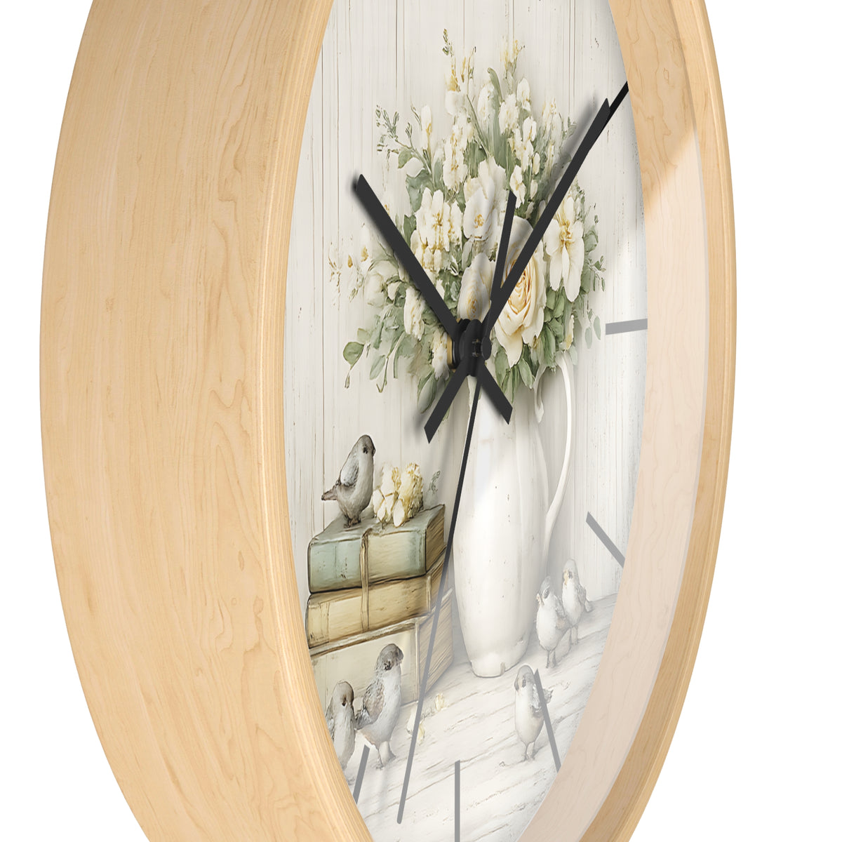 Vintage Floral Pitcher with Birds Wall Clock | Rustic Cottage Shabby Chic