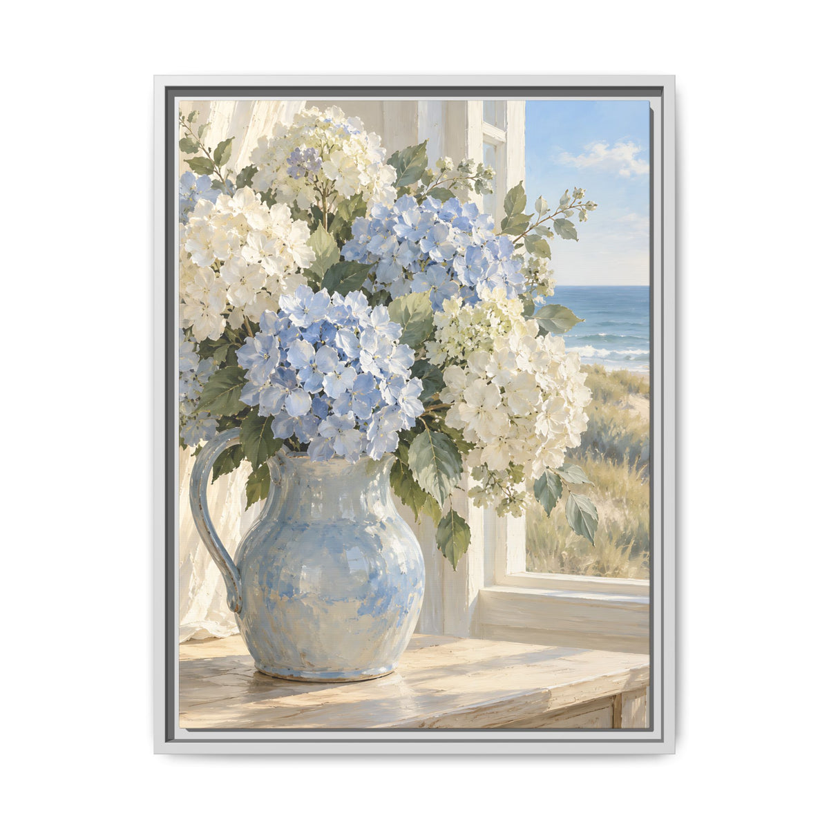 Coastal Hydrangeas Framed Canvas – Blue & White Floral Wall Art
