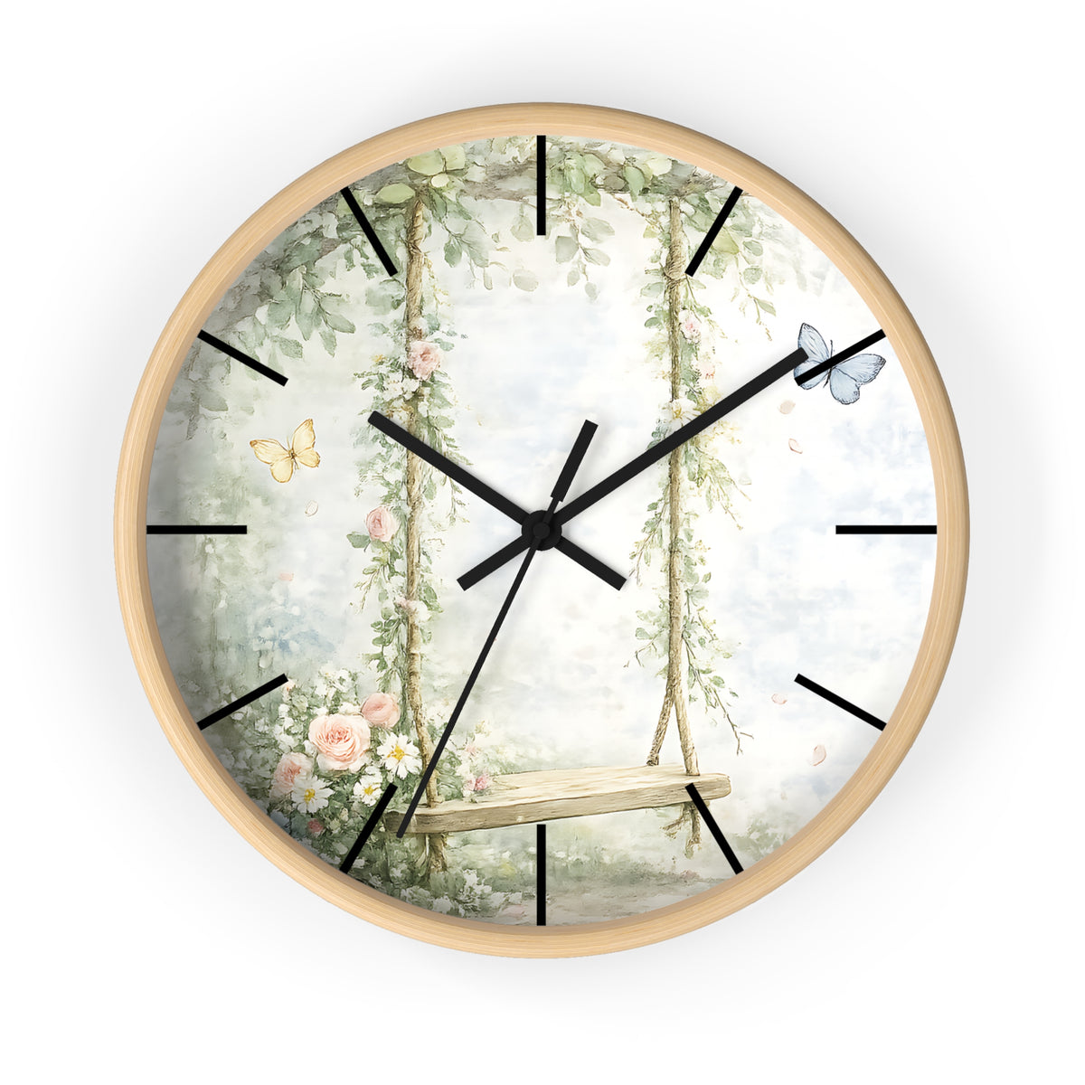 Floral Swing Illustration Wall Clock | Vintage Garden, Butterflies
