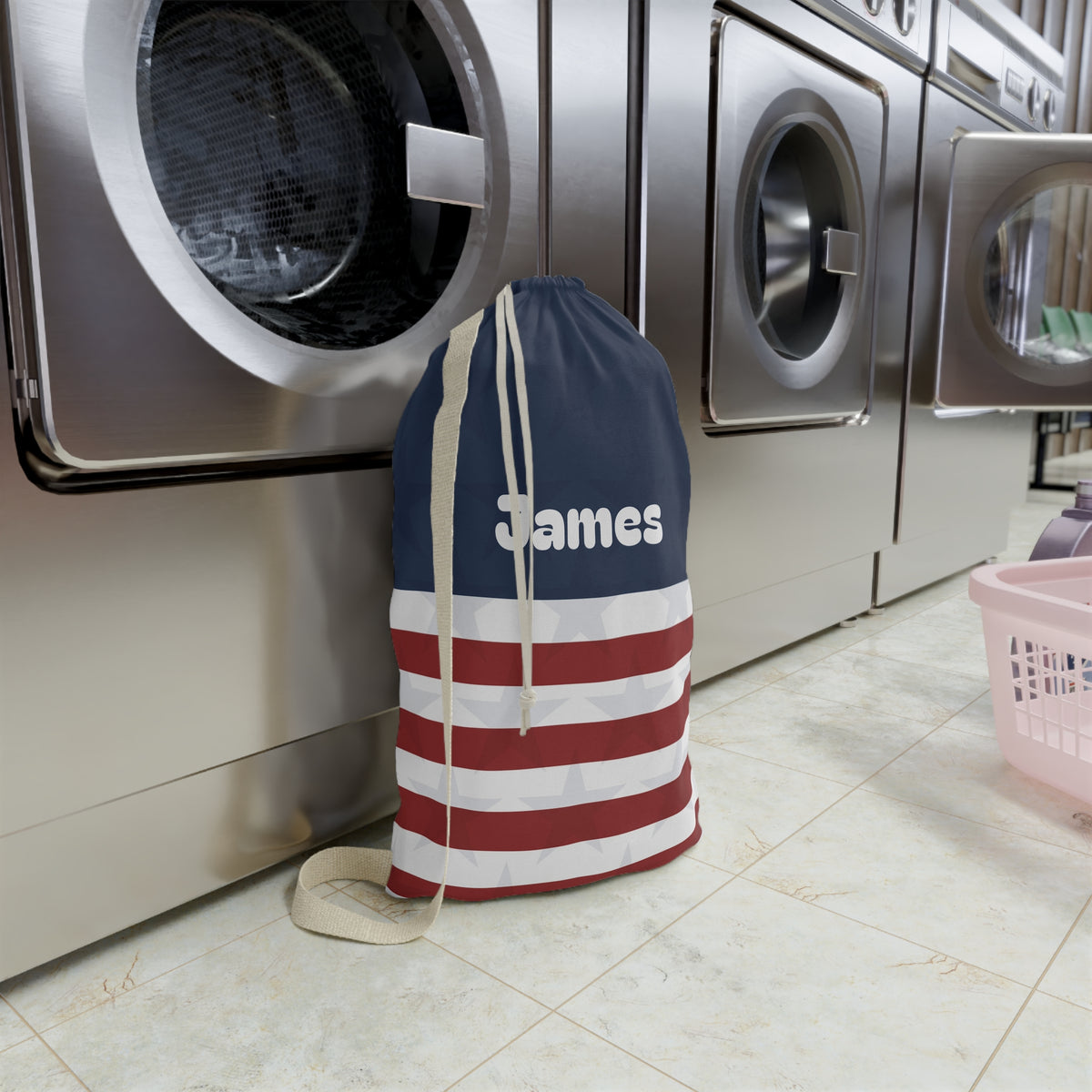 Personalized Stars Stripes Laundry Bag | Navy Red White Stripe Pocket