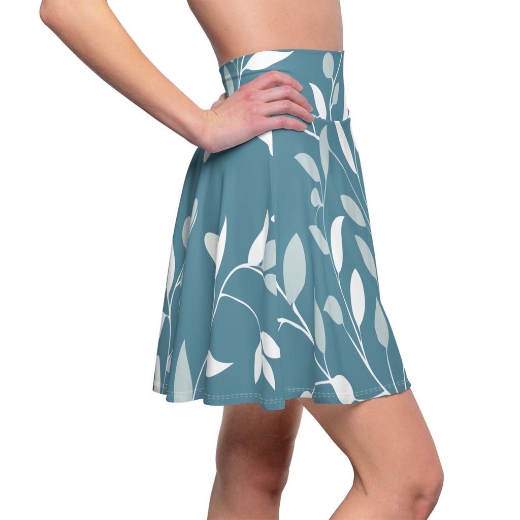Blue Botanical Skater Skirt – Elegant Leaf Pattern
