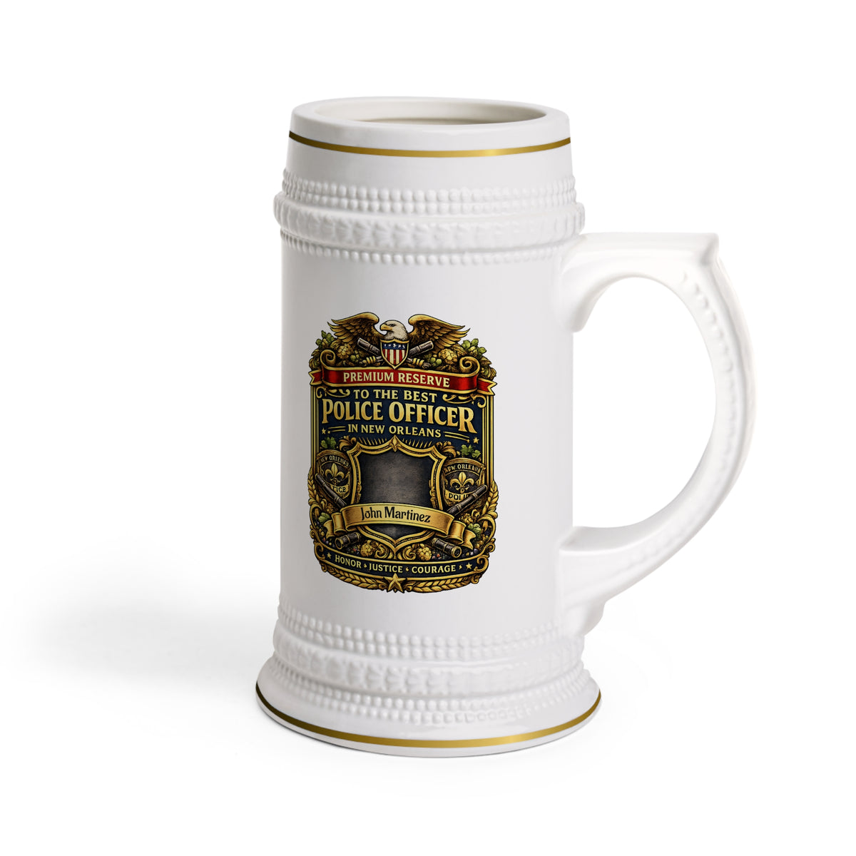 Personalized New Orleans Police Officer Beer Stein 22oz - Custom Name Cop Mug, Law Enforcement Gift for Him