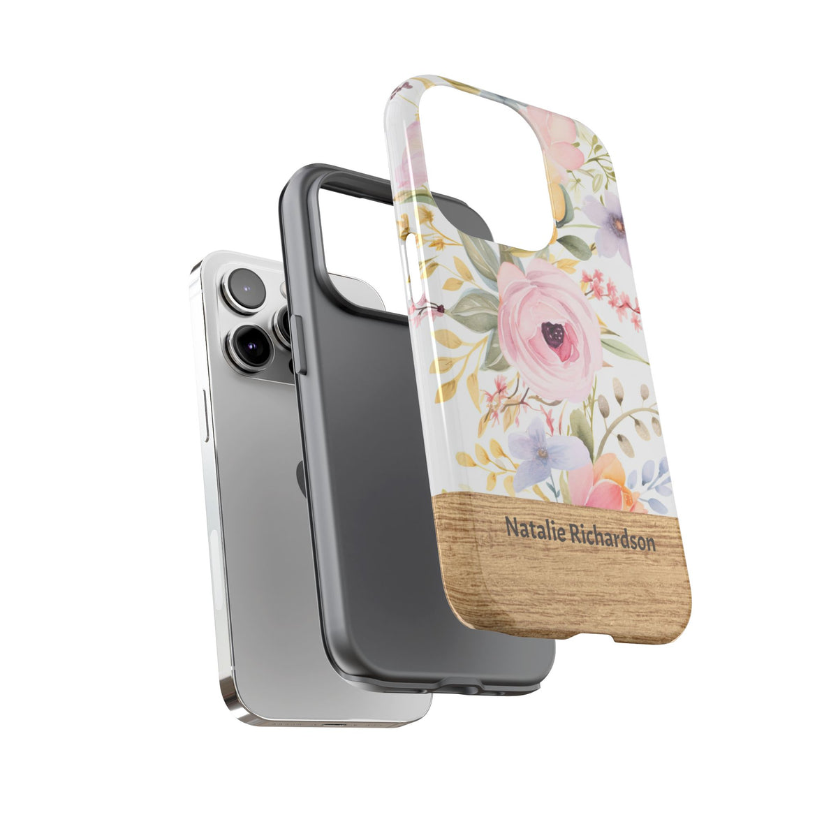 Personalized Floral Phone Case with Name – Pastel Flower Wood Accent Tough Case