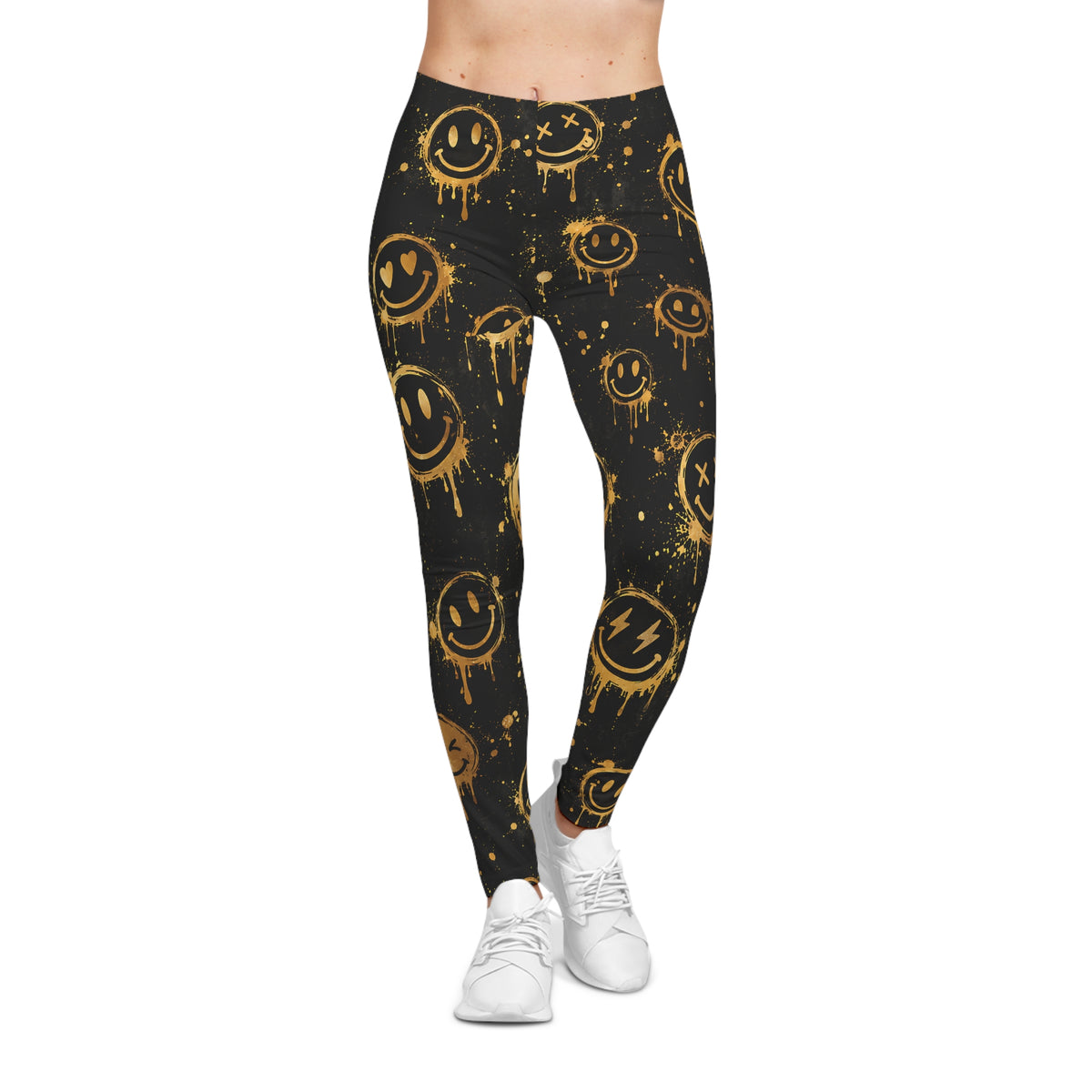 Gold Graffiti Smiley Leggings – Black Streetwear Print