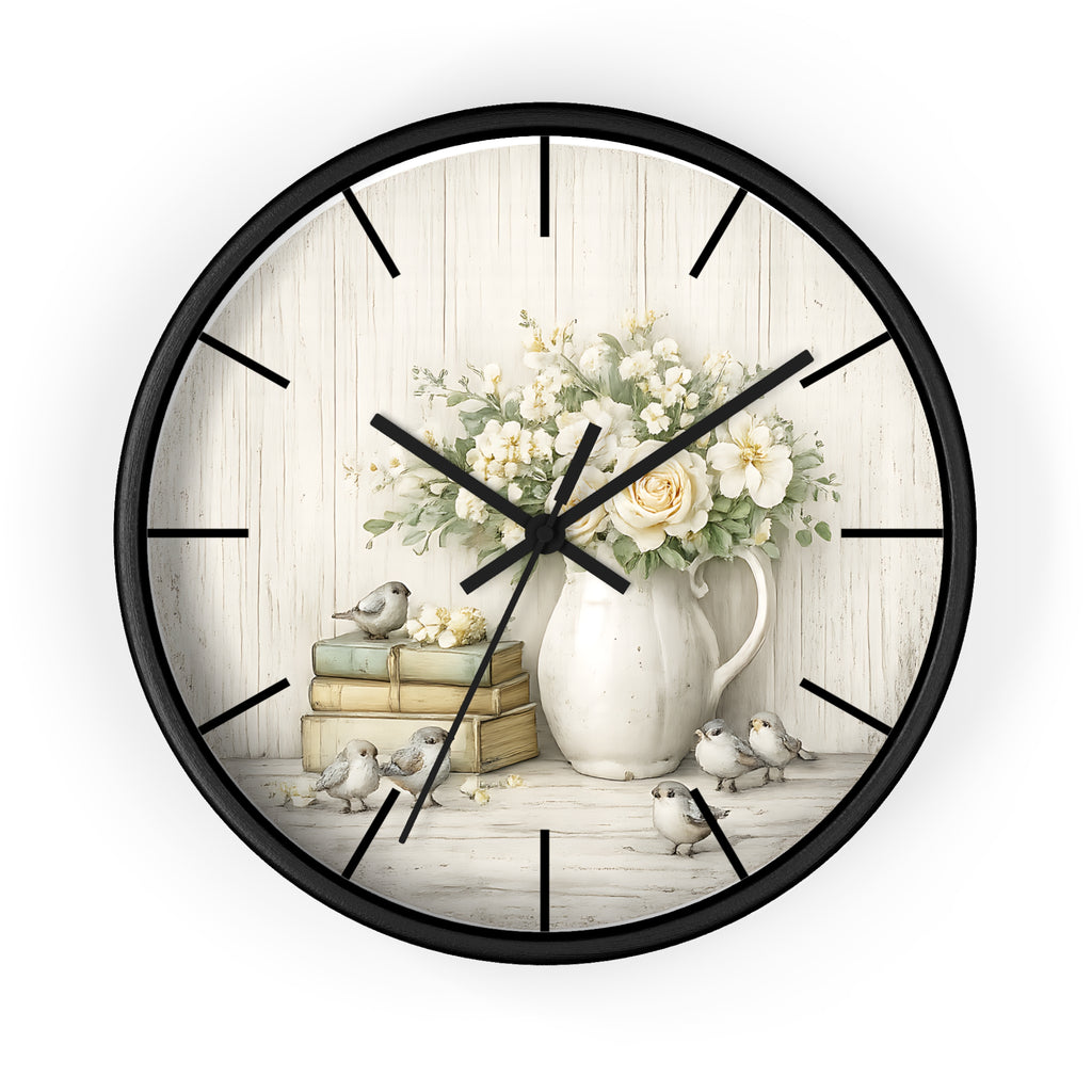 Vintage Floral Pitcher with Birds Wall Clock | Rustic Cottage Shabby Chic