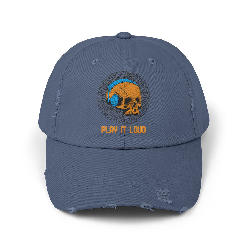 Play It Loud Skull Distressed Cap – Music Lover Graphic Baseball Hat