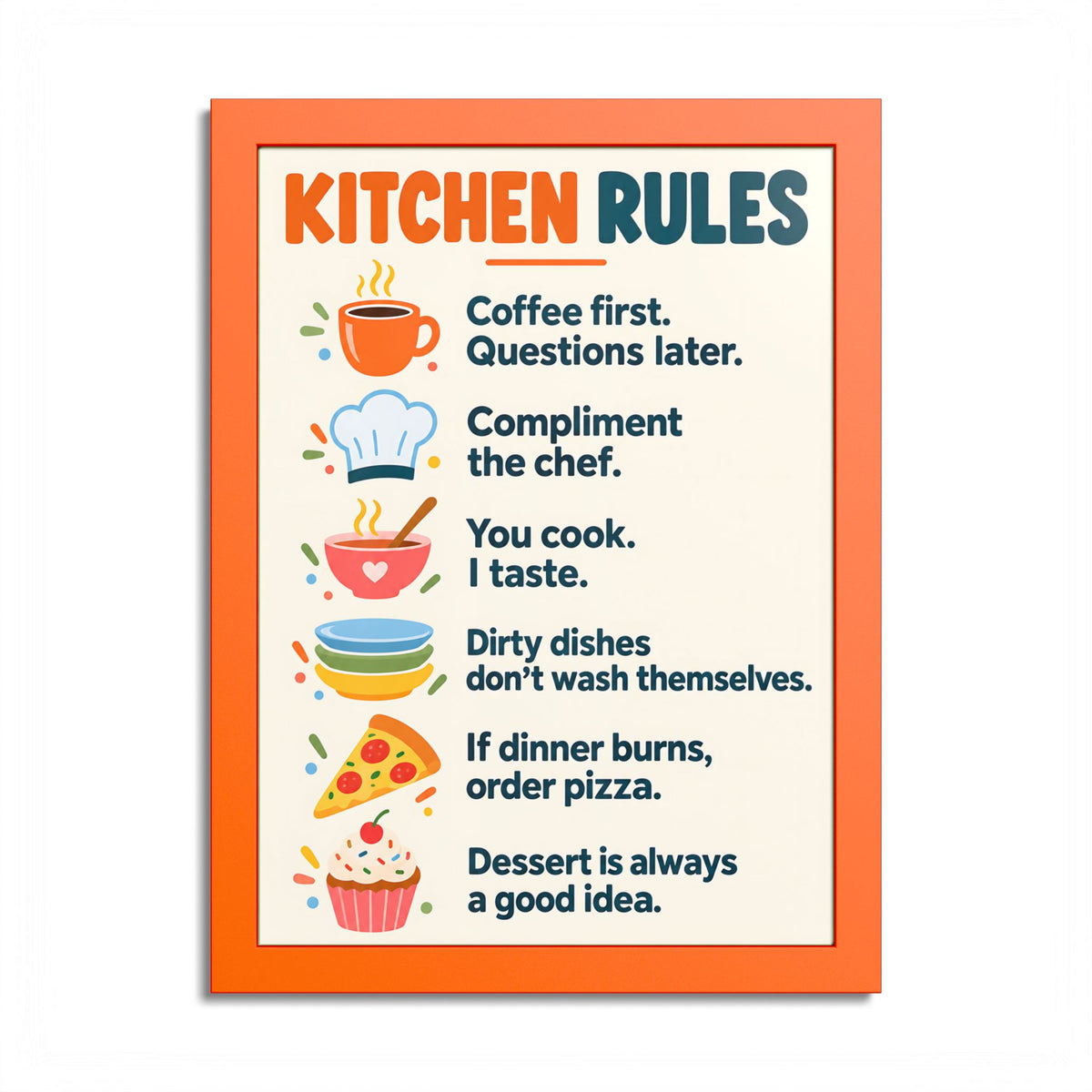 Kitchen Rules Funny Kitchen Wall Art – Colorful Framed Poster
