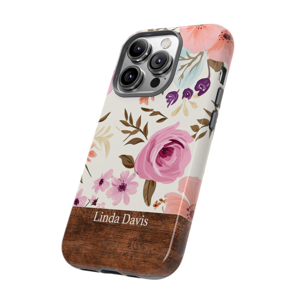 Personalized Floral Phone Case with Name – Pink Rose Wood Accent Tough Case