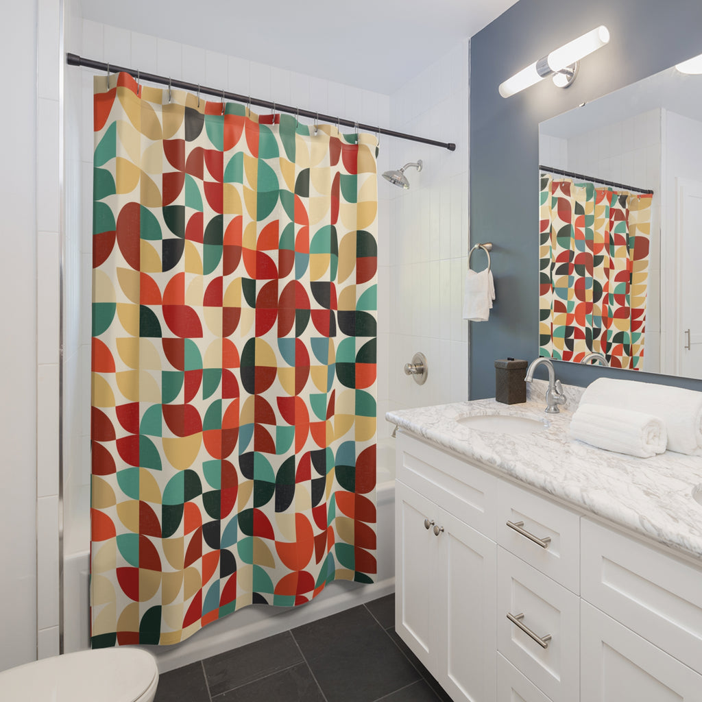 Mid Century Modern Shower Curtain | Retro Abstract Geometric Bathroom Decor | Colorful 70s Bath Curtain