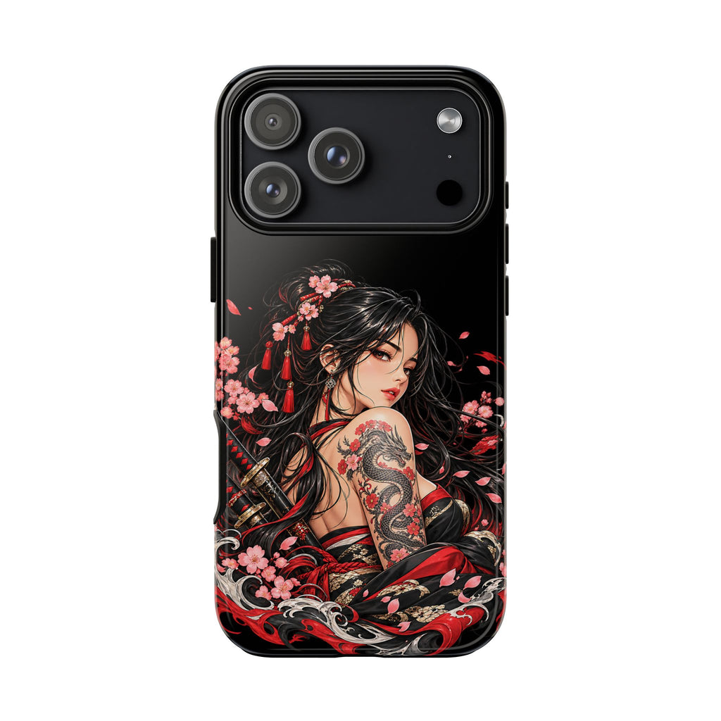 Japanese Warrior Girl Phone Case – Dragon & Cherry Blossom Tough Case