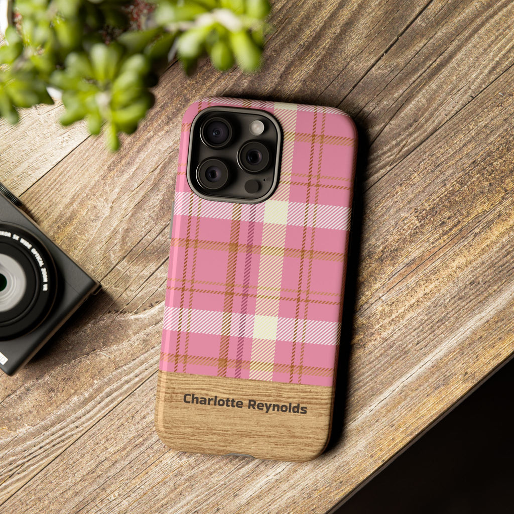 Personalized Pink Plaid Phone Case with Name – Wood Accent Tough Case