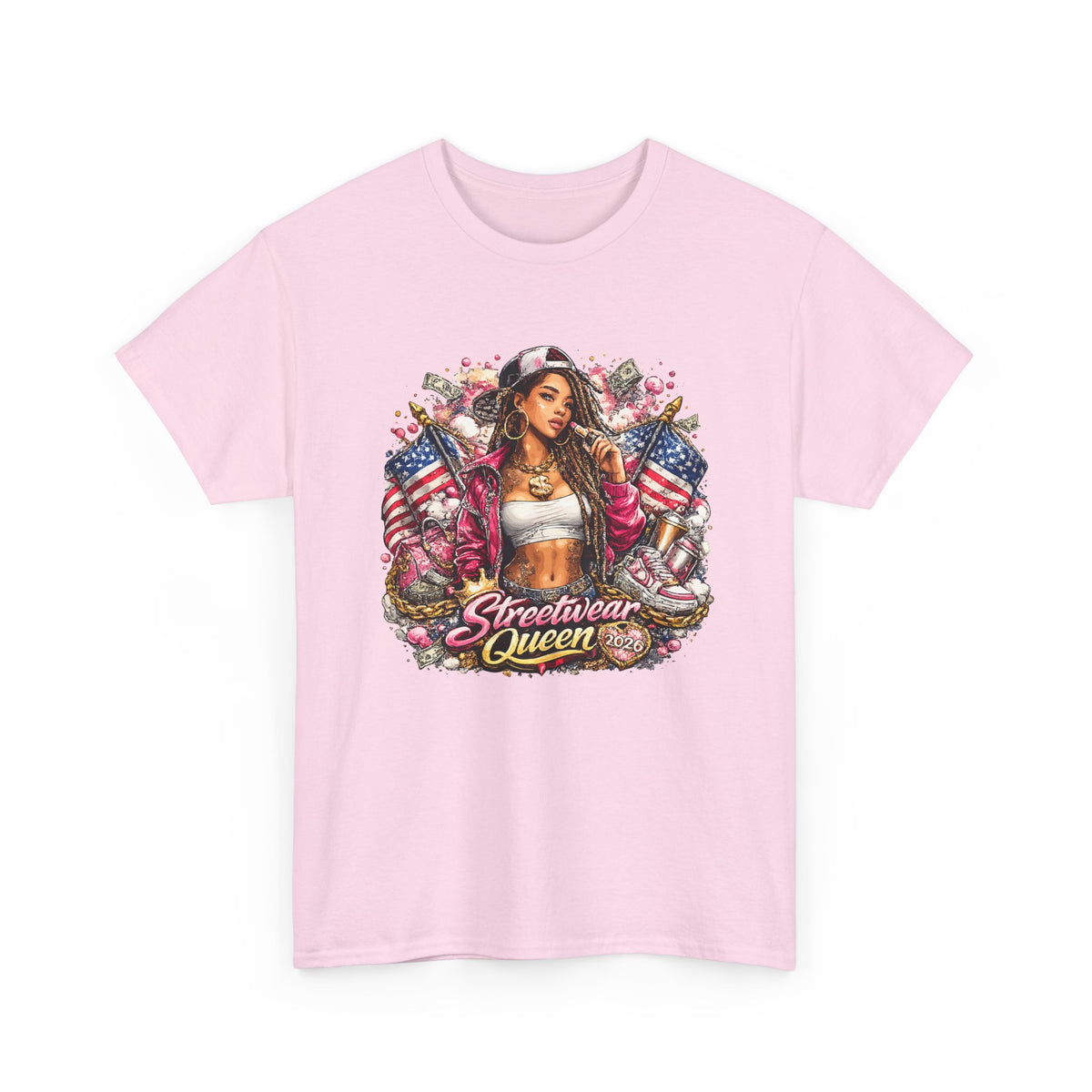 Streetwear Queen T-Shirt – Chicana Tattoo & American Flag Graphic Tee