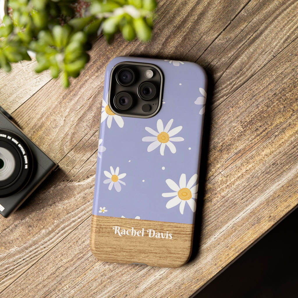 Personalized Daisy Phone Case with Name – Lavender Floral Wood Accent Tough Case