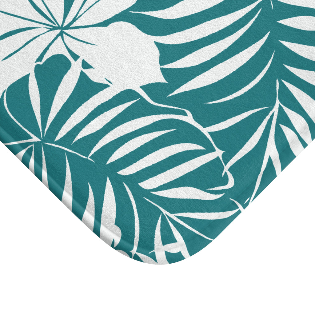 Tropical Floral Bath Mat – Teal Botanical Bathroom Decor
