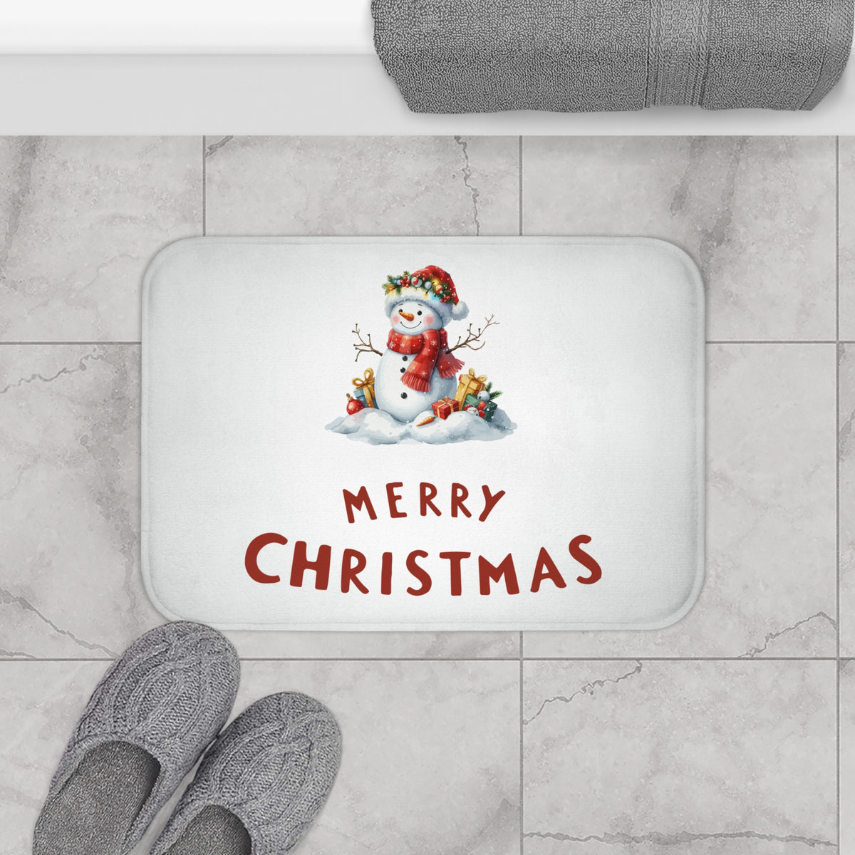 Merry Christmas Snowman Bath Mat – Holiday Bathroom Decor