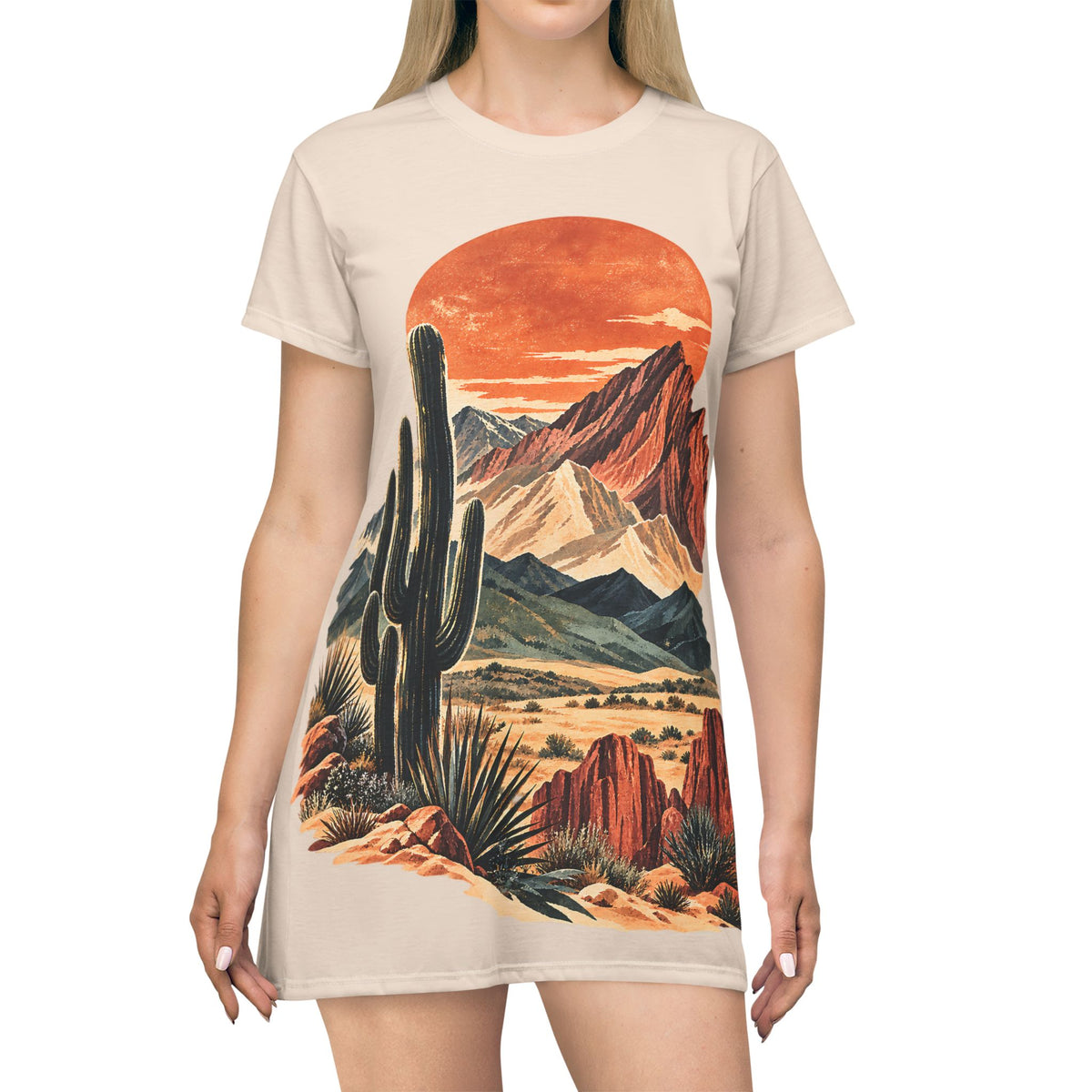 Desert Sunset T-Shirt Dress – Western Cactus Landscape
