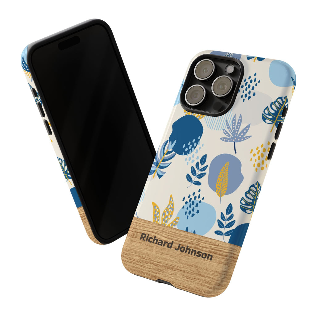 Personalized Botanical Phone Case with Name – Blue Floral Wood Accent Tough Case