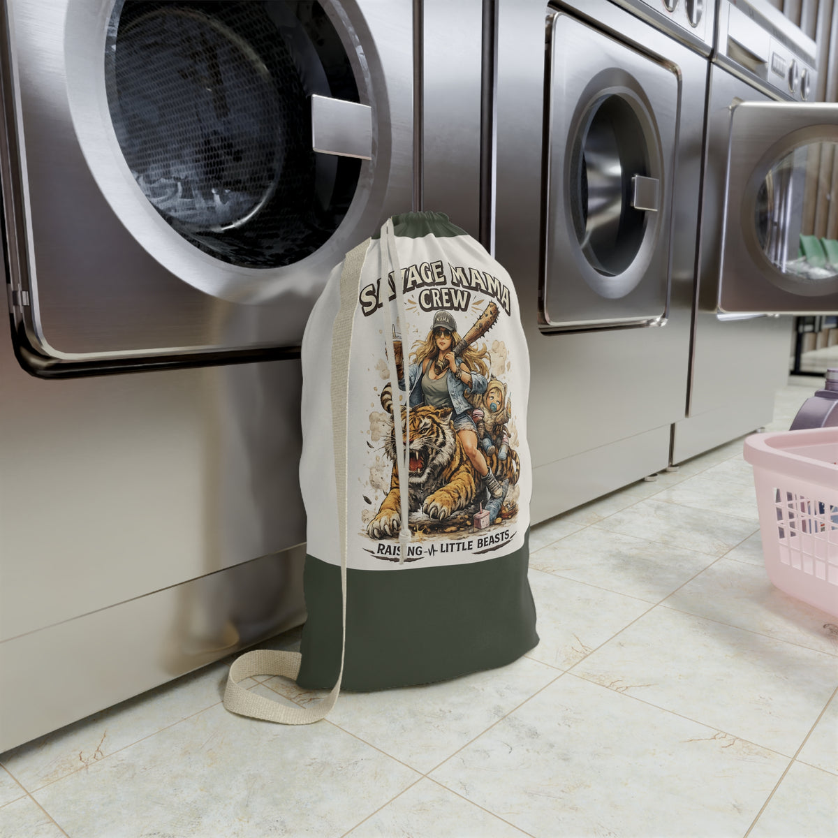 Savage Mama Crew Laundry Bag | Illustrated Mom and Kids, Tiger Rider