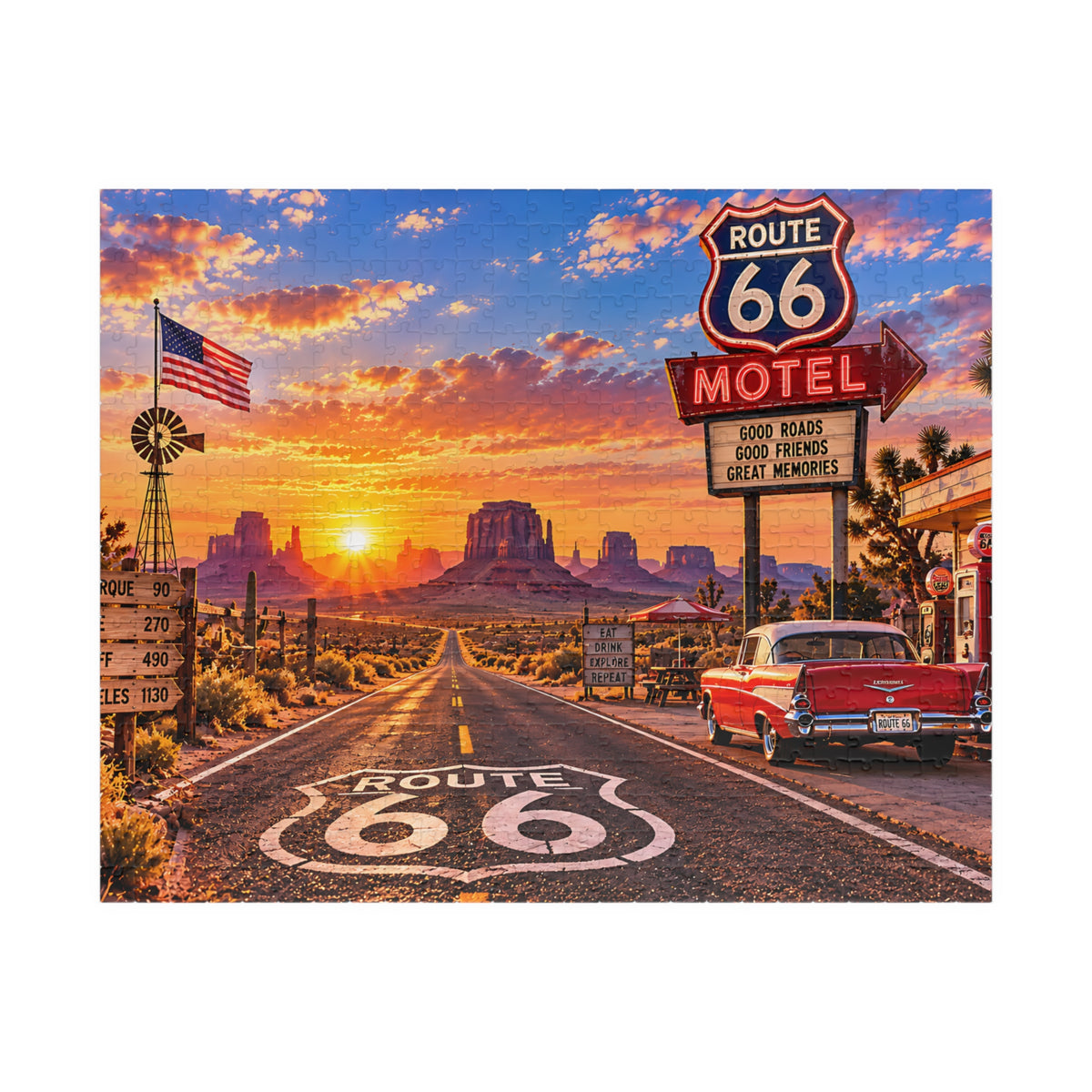 Route 66 Puzzle – Vintage American Road Trip Jigsaw Puzzle (110, 252, 520, 1014-piece)