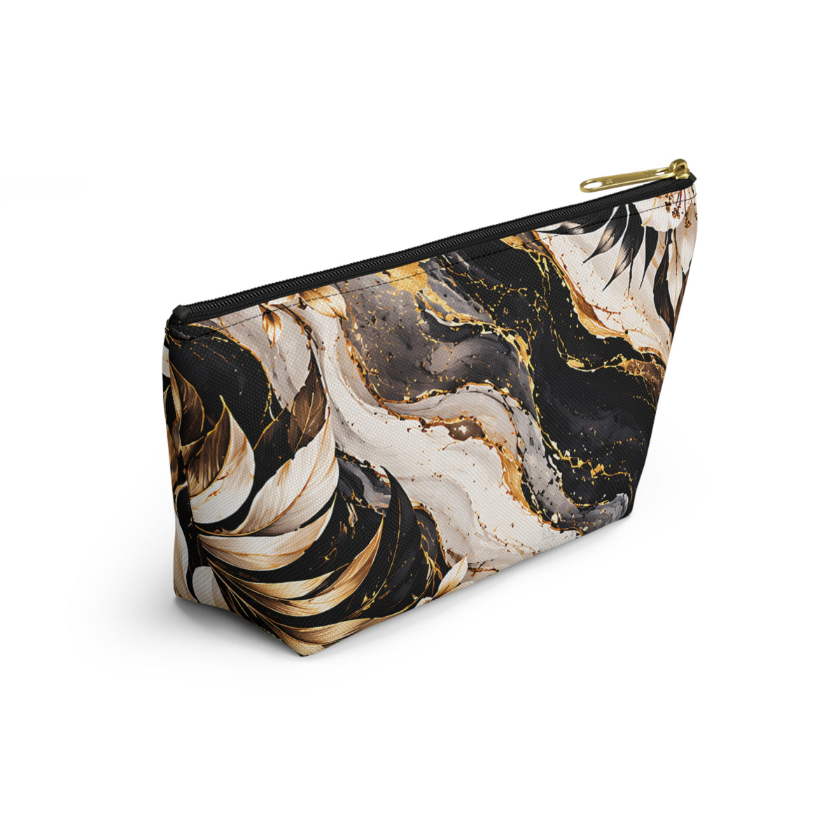 Black & Gold Floral Pouch – Luxury Marble Botanical Print
