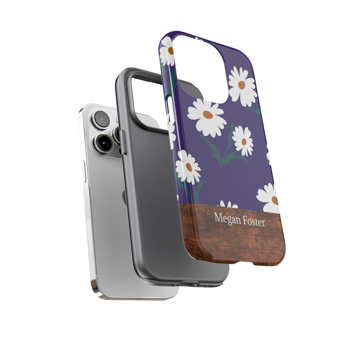 Personalized Daisy Phone Case with Name – Purple Floral Wood Accent Tough Case