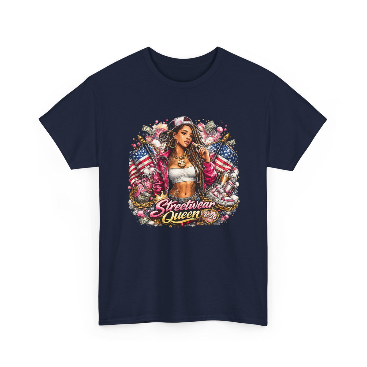 Streetwear Queen T-Shirt – Chicana Tattoo & American Flag Graphic Tee