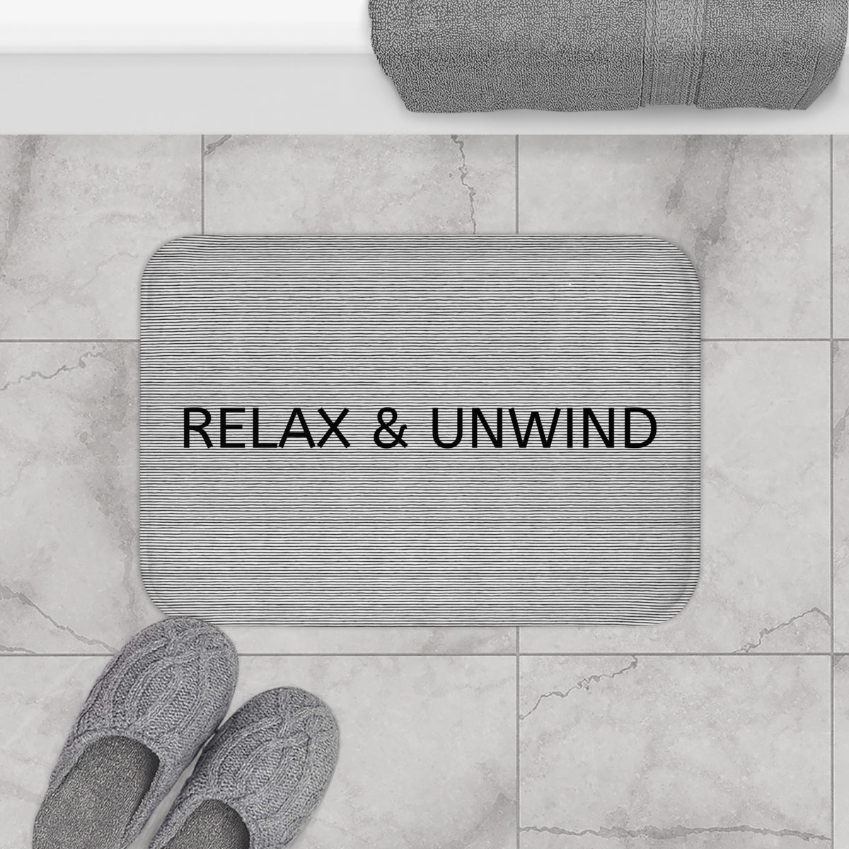 Relax & Unwind Bath Mat – Minimalist Gray Bathroom Decor