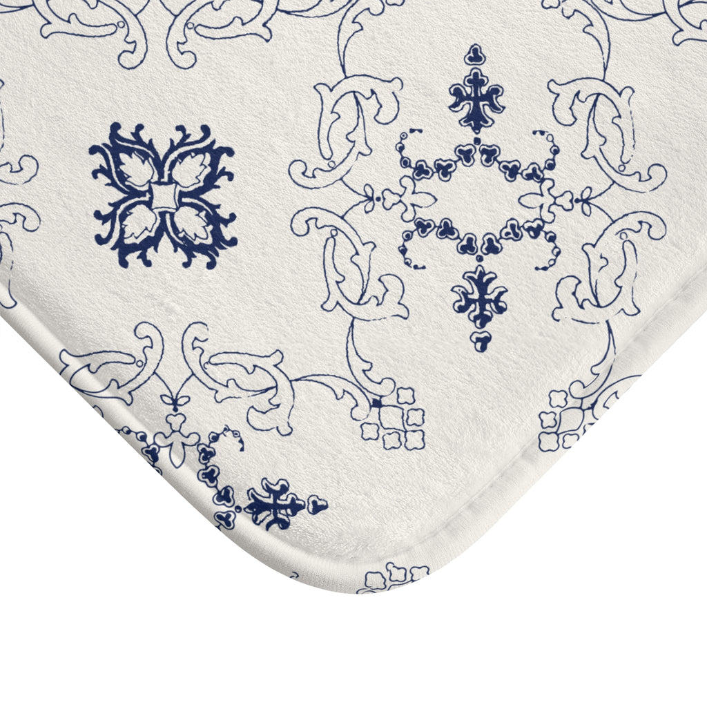 Blue Mediterranean Tile Bath Mat – Elegant Ornamental Bathroom Decor