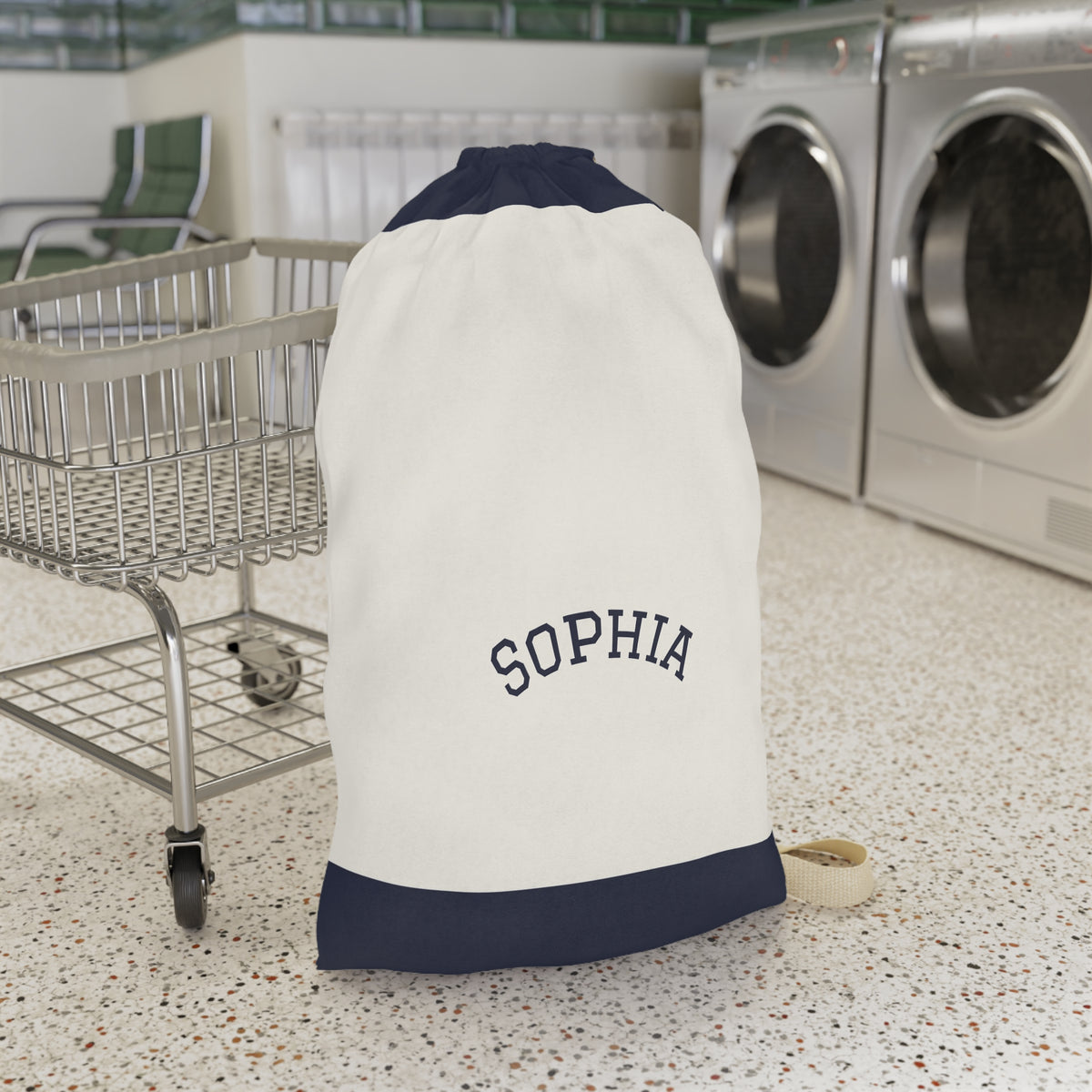 Navy Block Monogram Laundry Bag | Personalized Drawstring Tote