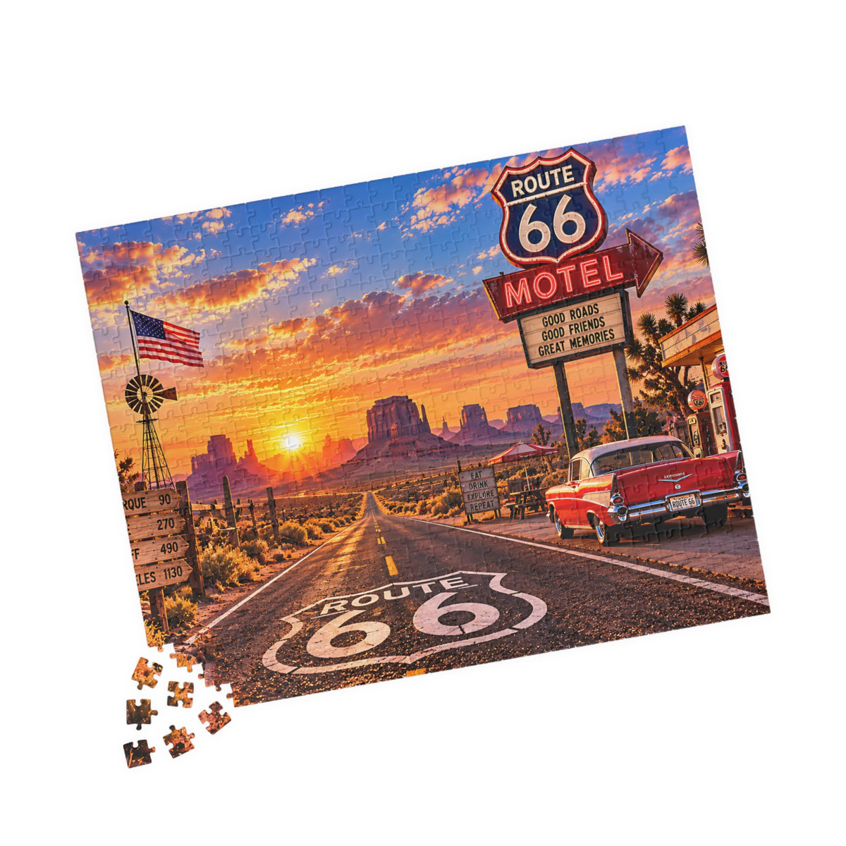 Route 66 Puzzle – Vintage American Road Trip Jigsaw Puzzle (110, 252, 520, 1014-piece)