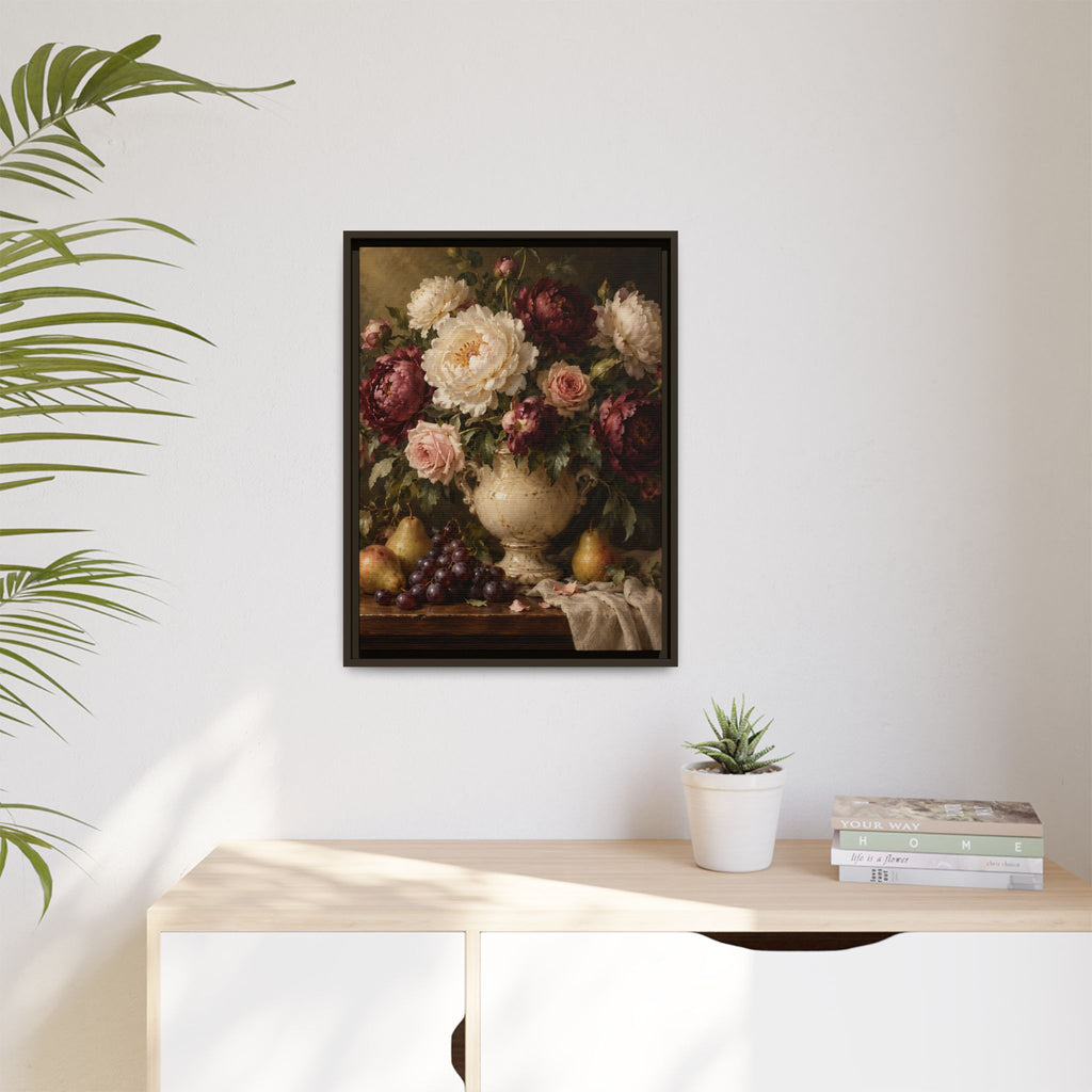 Vintage Floral Still Life Framed Canvas – Dark Romantic Wall Art
