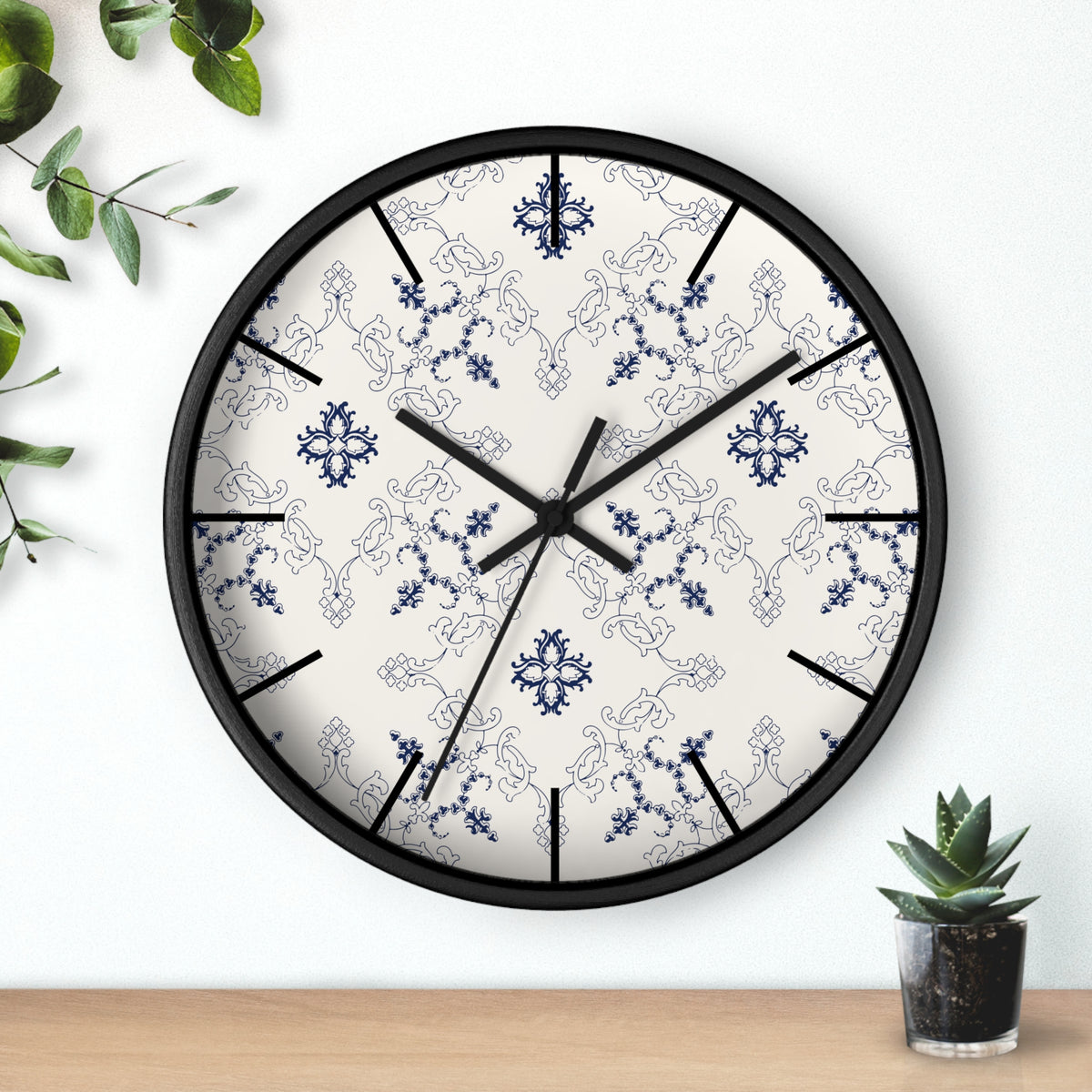 Blue Floral Damask Wall Clock | Vintage Tile Pattern, Ceramic Inspired