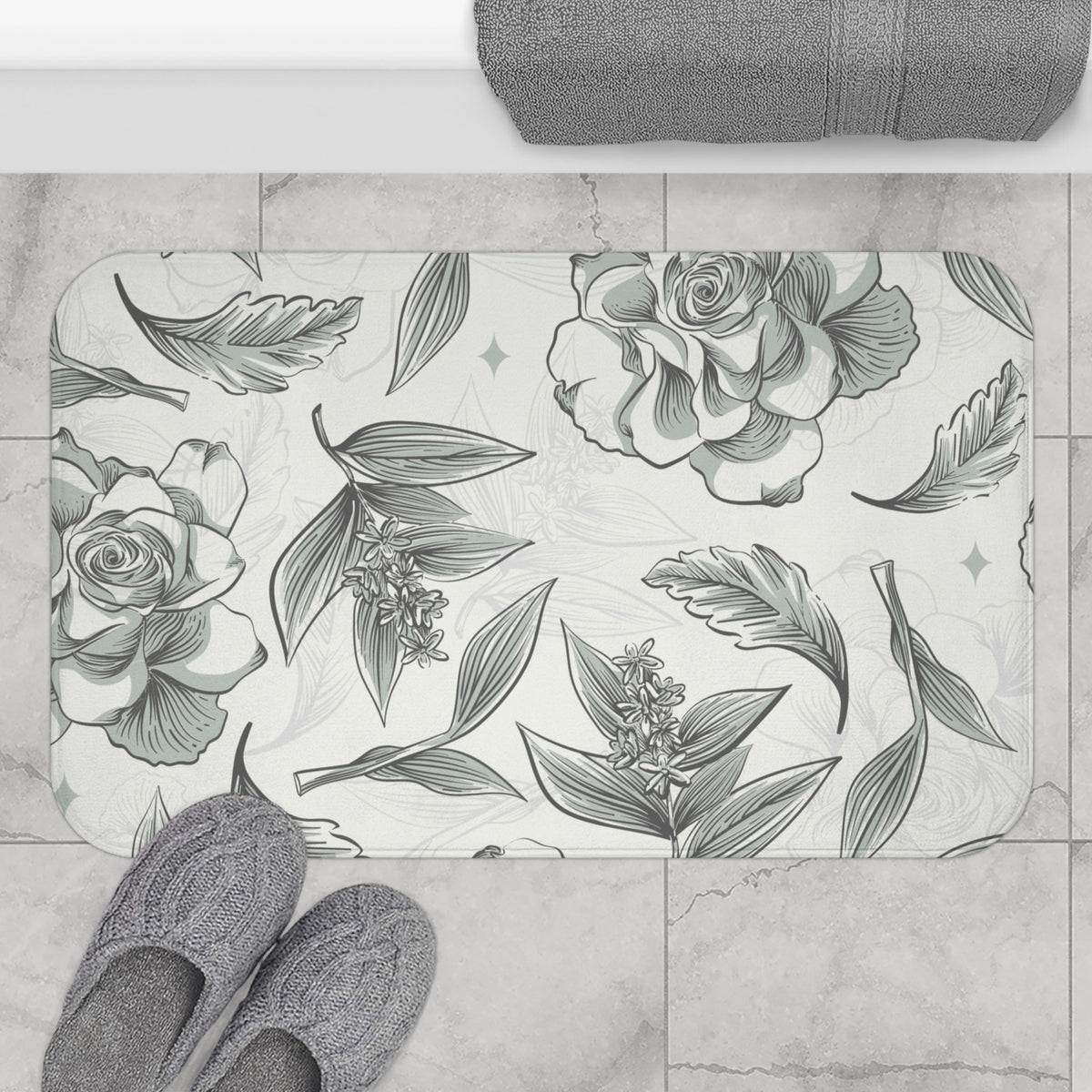 Vintage Rose Sketch Bath Mat – Elegant Black & White Floral Bathroom Decor