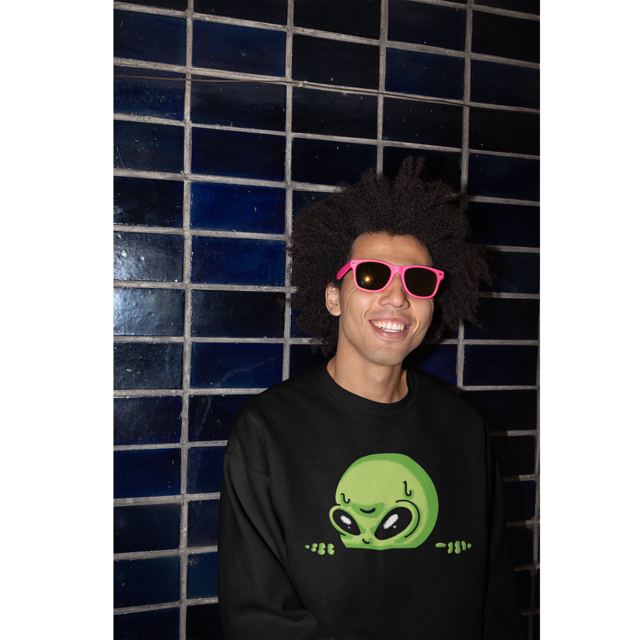 Alien Peeking Crewneck Sweatshirt — Cute Green Alien Graphic