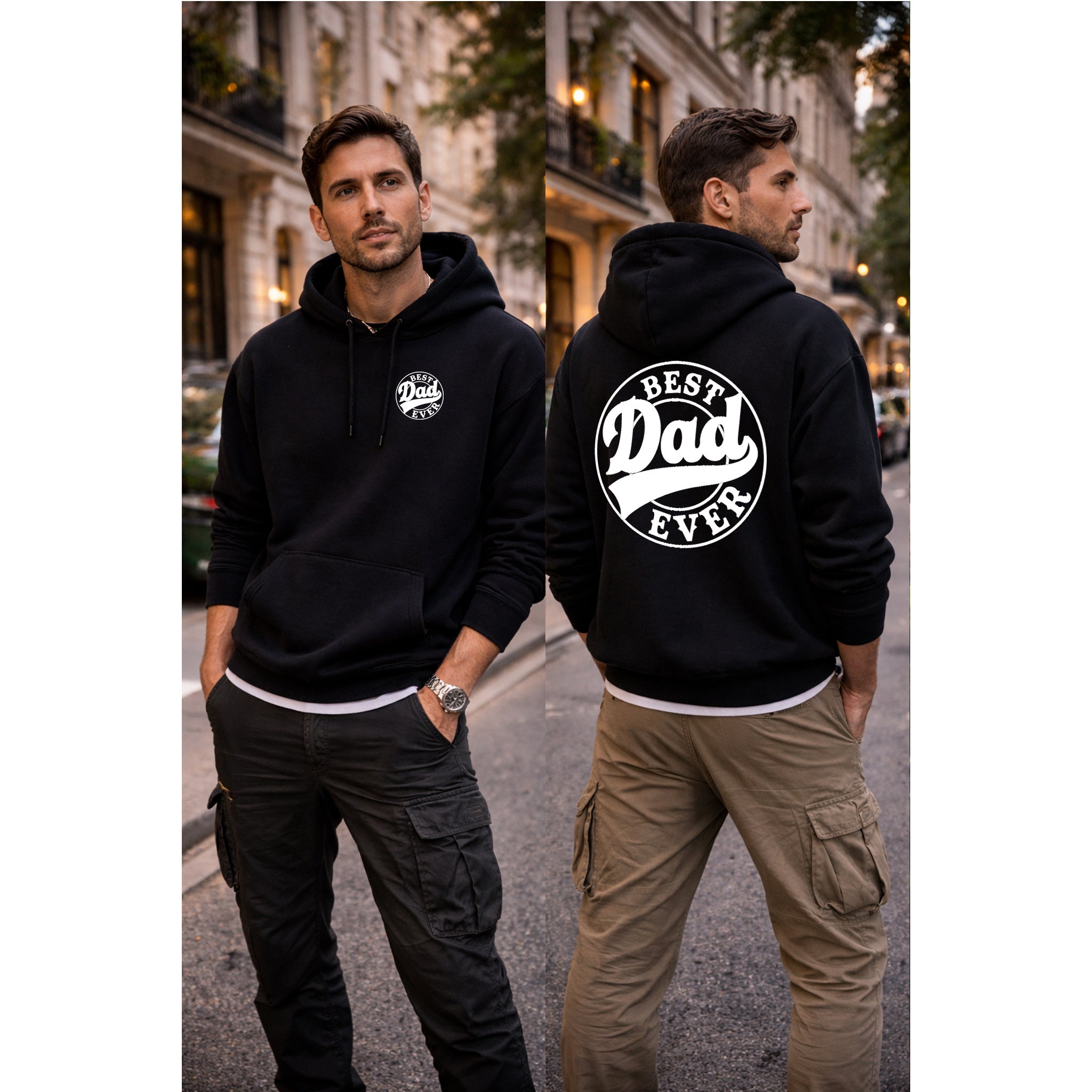 Man wearing a black hoodie with 'Best Dad Ever' text on the back, standing on a street.
