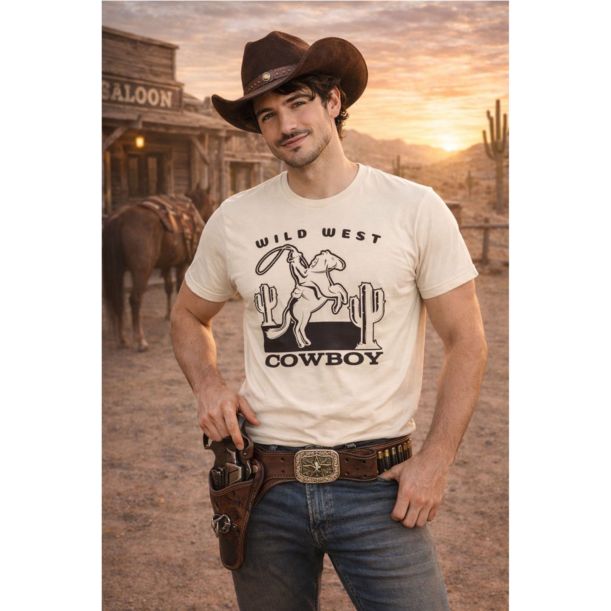 Man wearing a 'Wild West Cowboy' t-shirt in a western setting with a horse and saloon – Bamerix